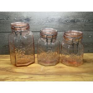 Vintage Italian Pink Glass Canister Set Of 3 Octagonal Floral Hinged Wire Bail